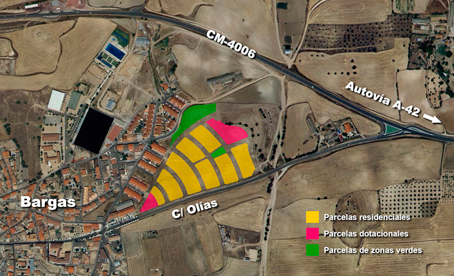 Plano de ubicación de las parcelas que Luz y Volumen, S.L. pone a la venta dentro de la localidad de Bargas. También se representan las parcelas destinadas a zonas verdes.